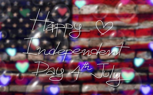 Fourth of July. Happy Independence Day of the USA on America flag background poster with heart bokeh - Foto, afbeelding