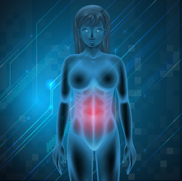 Una mujer que experimenta dolor de estómago
 - Vector, Imagen