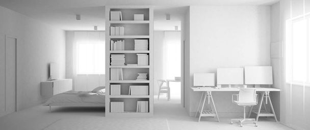 Общий белый проект однокомнатной квартиры с паркетным полом, домашнее рабочее место со столом в белой гостиной, книжная полка, кровать Мерфи, офис в чистом стиле, современная архитектурная концепция
 - Фото, изображение