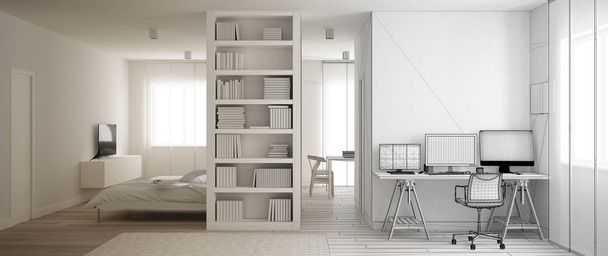 Arkkitehti sisustussuunnittelija käsite: keskeneräinen projekti, joka tulee todellinen, yksi huone tasainen parketti, koti työpaikka työpöytä olohuoneessa, Murphy sänky, minimalistinen muotoilu idea
 - Valokuva, kuva