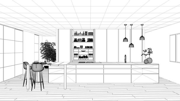Blauwdruk project Draft, minimalistische keuken, eiland, tafel, krukken en open kast met accessoires, venster, bamboe, hydrocultuur vazen, parket, interieur ontwerpconcept idee - Foto, afbeelding