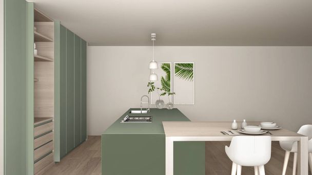 Біло-зелена мінімалістична кухня в екологічно чистій квартирі, острові, столі, табуретках і відкритому шафі з аксесуарами, вікном, бамбуком, гідропонічними вазами, паркетом, ідеєю дизайну інтер'єру
 - Фото, зображення