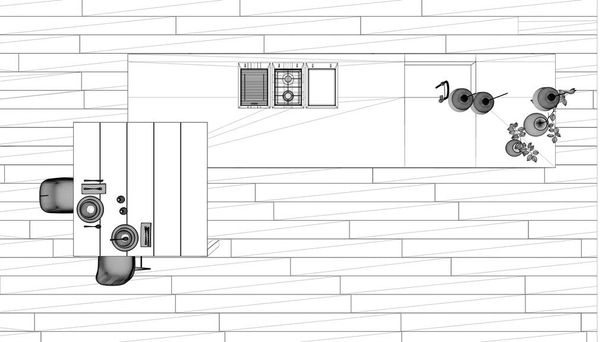 Projekt projektu Blueprint, minimalistyczna kuchnia, wyspa, stół, taborety i otwarta Szafka z akcesoriami, okno, bambus, hydroponiczne wazony, parkiet, koncepcja projektowania wnętrz, widok z góry - Zdjęcie, obraz