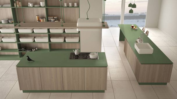minimalistischer Luxus teure grüne und hölzerne Küche, Insel, Spüle und Gasherd, offener Raum, Marmorkeramikboden, moderne Innenarchitektur Konzept Idee, Plan von oben - Foto, Bild
