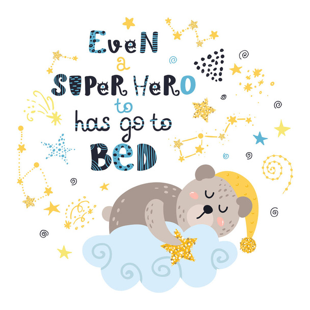 Poster with teddy bear, stars and lettering. - Vector, Image