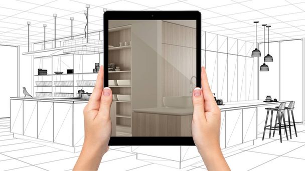 Augmented Reality Konzept. Hände halten Tablet, ar Anwendung verwendet, um 3D über Notebook mit Blaupause Skizze, Architekt Designer-Tool, Pop-up-interaktive Küche Projekt zu simulieren - Foto, Bild