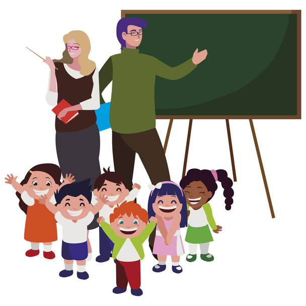 teachers couple with little students and chalkboard - Vector, Image