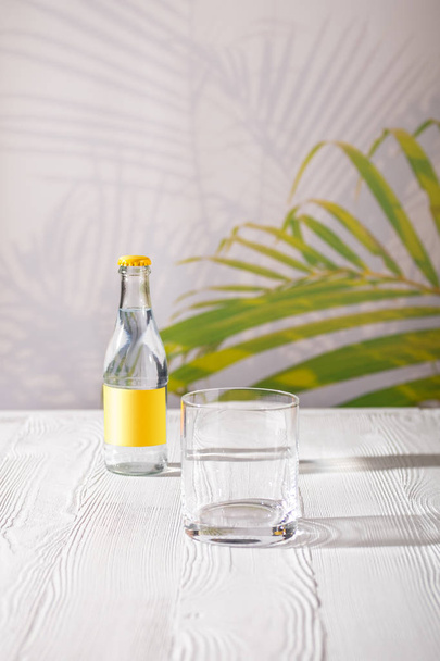 Empty glass on the table and small bottle of tonic water in background under morning sunlight - Fotografie, Obrázek
