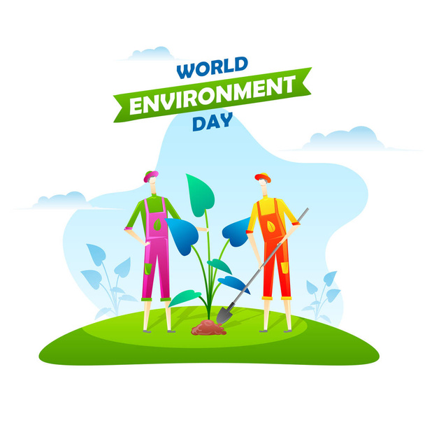 Gardening men working field on the occasion of World Environment - Vector, Image