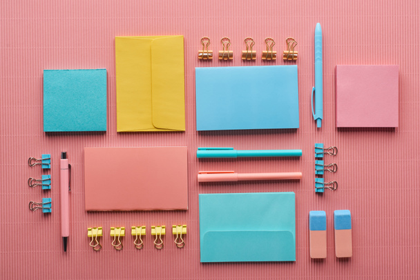 flat lay of colorful stationery supplies on pink  - Photo, Image