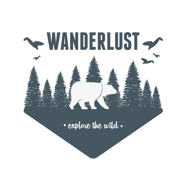 wanderlust label with forest scene and grizzly bear - Vector, Image