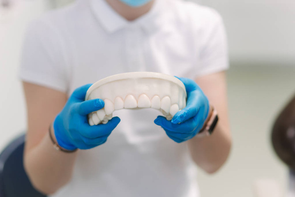 El dentista sostiene un modelo de mandíbula con dientes. Guantes blancos uniformes y azules
 - Foto, Imagen