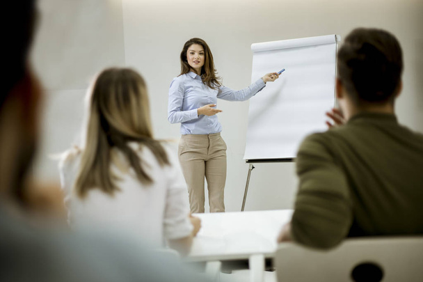 Креативний позитивний жіночий лідер розповідає про бізнес-план зі студентами під час семінару в маленькому офісі
 - Фото, зображення