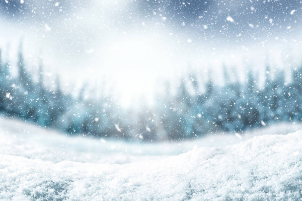 Φόντο χιονιού και δέντρο. Χειμωνιάτικο σκηνικό με ηλιακό φως το πρωί. - Φωτογραφία, εικόνα