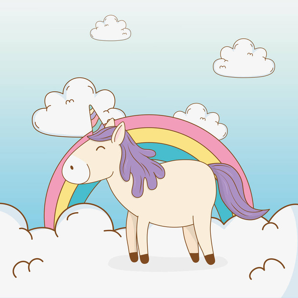 roztomilý pohádkový jednorožec v oblacích s rainbow - Vektor, obrázek