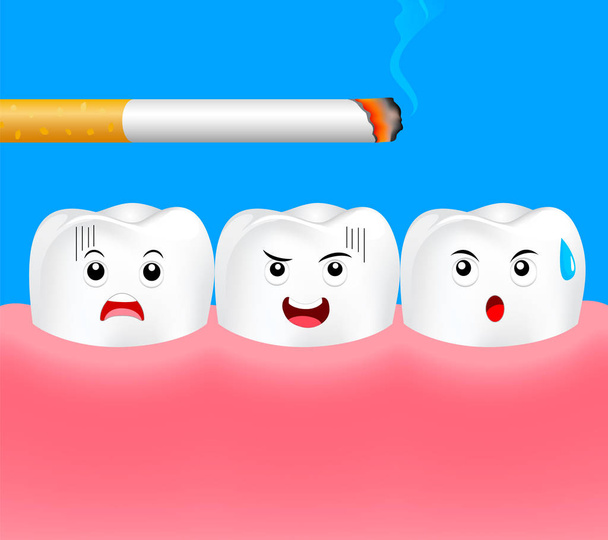 Zähne mit Zigarette. Wirkung des Rauchens auf die menschlichen Zähne. Zahnpflegekonzept. Rauchen aufhören, Weltnichtrauchertag. Abbildung auf blauem Hintergrund. - Vektor, Bild