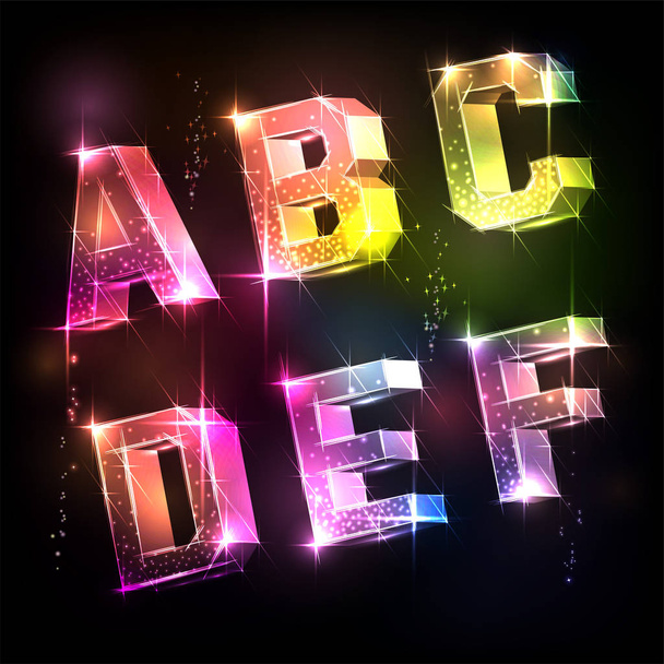 Neon 3D alphabet. Bright sparkling letters. - Vector, Image