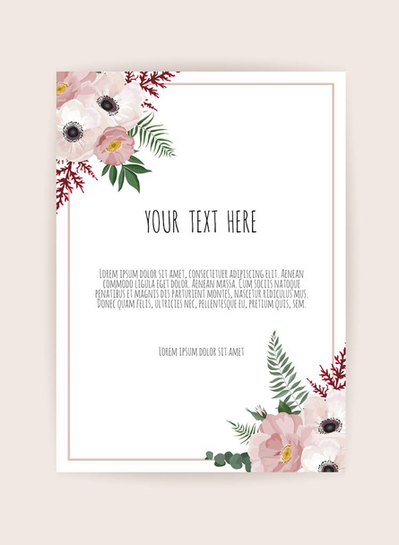 Projeto de modelo de cartão de convite de casamento botânico, flores brancas e rosa no fundo branco. - Foto, Imagem