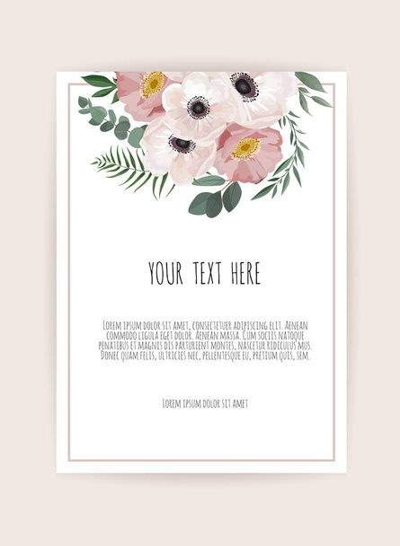  Floral κάρτα σχεδιασμού. Χαιρετισμός, πρότυπο πρόσκληση γάμου καρτ ποστάλ. Κομψό πλαίσιο με τριαντάφυλλο και ανεμώνη - Φωτογραφία, εικόνα