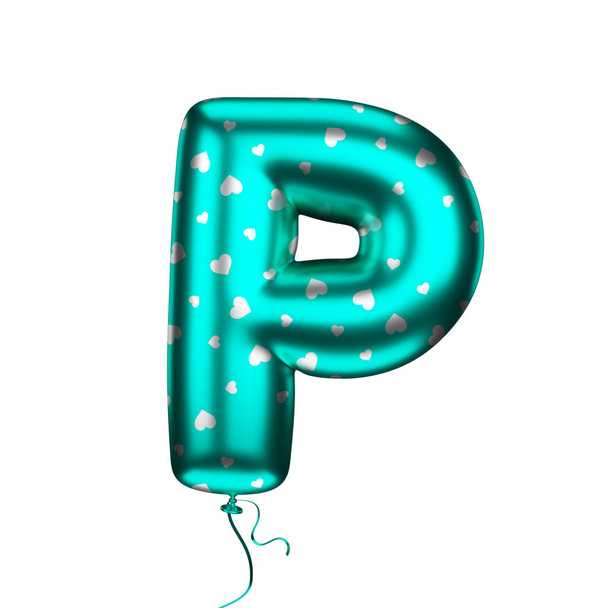 Turkoois hart elementen getextureerde letter P. gemaakt van een opblaasbare ballon op een witte achtergrond. Geïsoleerd, 3D-rendering - Foto, afbeelding