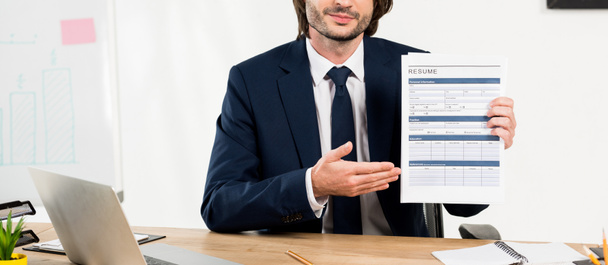 panoramic shot of recruiter gesturing while holding resume in office  - Foto, Bild