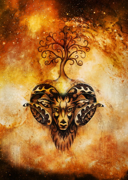 koriste maalaus Oinas, pyhä eläin symboli ja elämän puu kosmisessa tilassa. - Valokuva, kuva