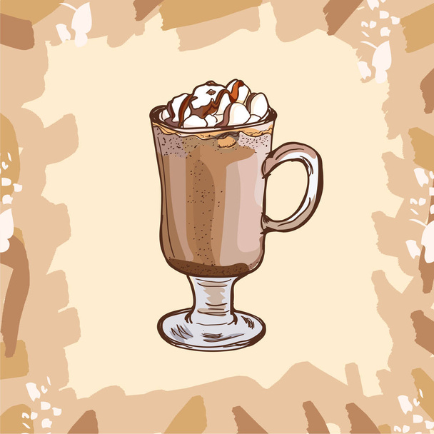 Glass cup of hot cocoa with marshmallows and chocolate topping for children. Colorful vector illustration in sketch style. Hand drawn image for menu and poster design with fresh drink. - Вектор, зображення