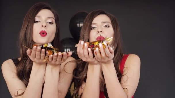 zwei attraktive Schwestern geben Luftkuss vor die Kamera - Filmmaterial, Video