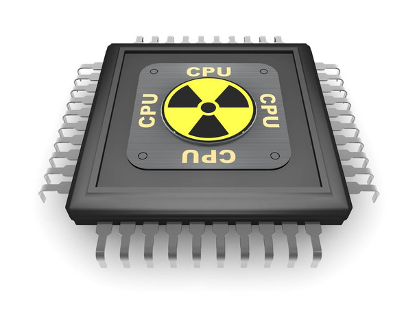 A imagem de CPU preta, com contatos de metal, símbolo de radiação, o símbolo e o núcleo de poder. No fundo branco, renderização 3D
 - Foto, Imagem
