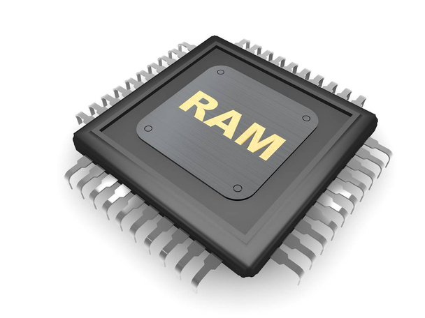 Obraz czarny Cpu, srebrnymi stykami, blachy i złoty tekst pamięci RAM, symbol prędkości, siły i mocy. Na białym tle, renderowania 3d - Zdjęcie, obraz