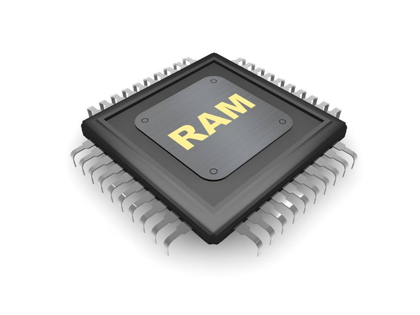 A imagem de CPU preta, contatos de prata, placa de metal e texto dourado de RAM, um símbolo de velocidade, força e poder. No fundo branco, renderização 3D
 - Foto, Imagem