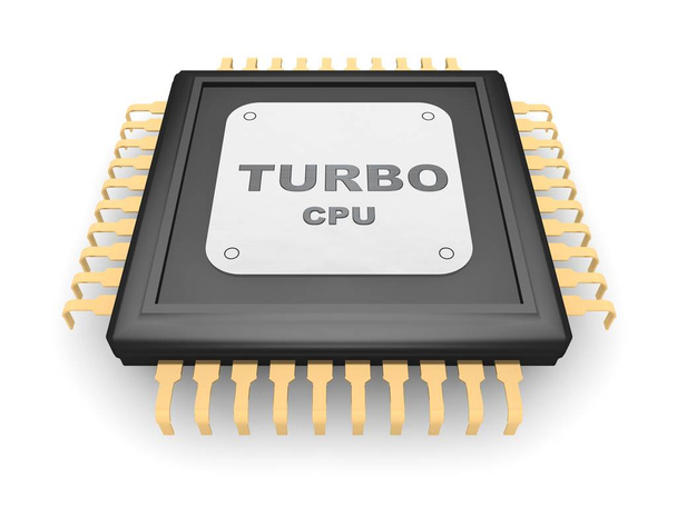A imagem de CPU preta, contato de ouro, placa de prata e titânio texto TURBO CPU, um símbolo de velocidade, força e poder. Close-up em fundo branco, renderização 3D
 - Foto, Imagem