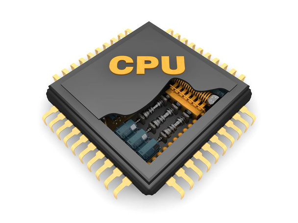 a CPU-t, a szűkítő mechanizmus a fogaskerekek, belső szerkezete és a motorok, az ötlet a teljesítmény és a sokoldalúság, a kép egy fehér háttér. 3D-leképezés - Fotó, kép
