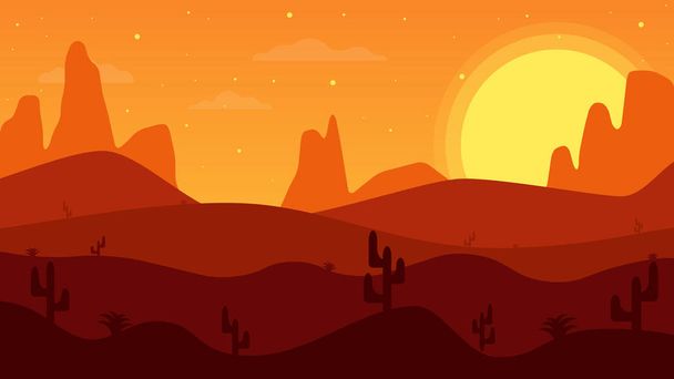 Pustynne góry. Cartoon pustyni krajobraz z kaktusem. Zachód słońca na pustyni. - Wektor, obraz