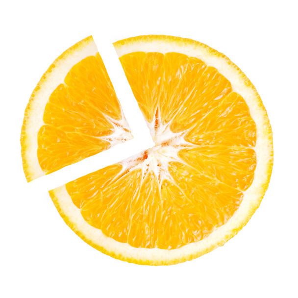 Slice of orange in the shape of pie chart on white background - Photo, Image