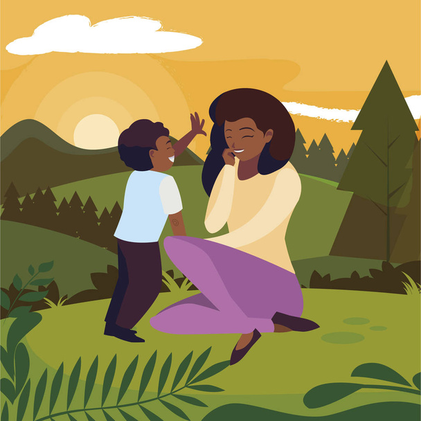 piękna czarna matka z synem w polu - Wektor, obraz