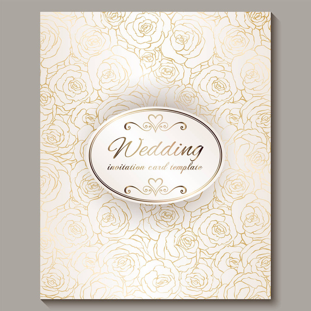 Luxe gouden Vintage bruiloft uitnodiging, florale achtergrond met plaats voor tekst, Lacy gebladerte gemaakt van rozen met gouden glanzende gradiënt. Victoriaanse behang ornamenten, barokke stijlsjabloon voorontwerp - Vector, afbeelding