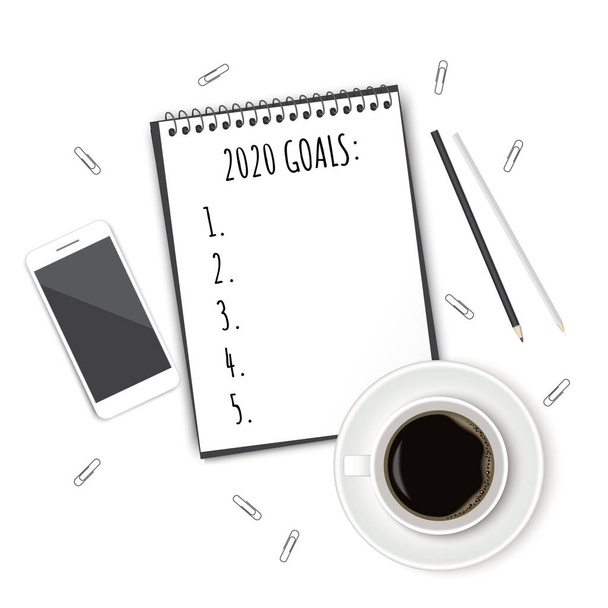 Caderno com lista de desejos na mesa rústica branca, estilo leigo plano. Conceito de planeamento
. - Foto, Imagem