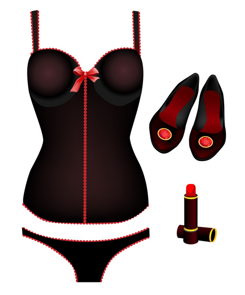 seductive lingerie collection, lipstick and shoes - Vector, imagen