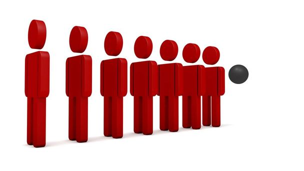 3D renderização construção de homens vermelhos de pé em uma fileira. A ideia do trabalho em equipa. Ilustração 3D isolada sobre fundo branco
 - Foto, Imagem
