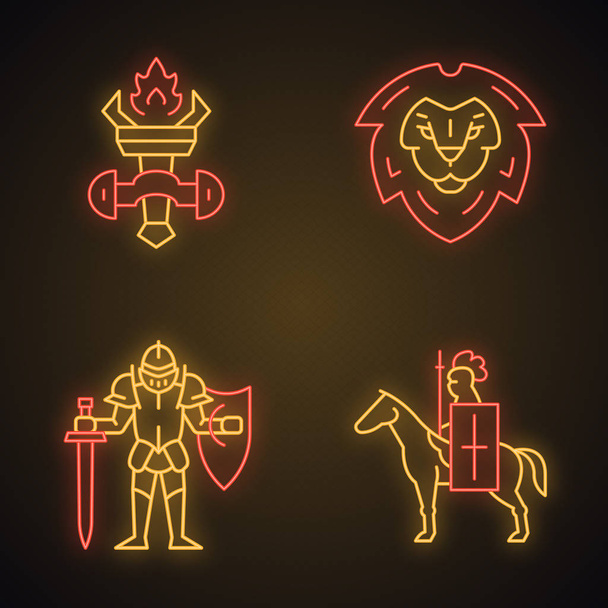 Medieval neon light icons set - Vector, afbeelding