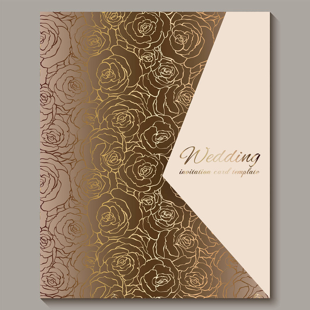 Luxury gold vintage wedding invitation, floral background with place for text, lacy foliage made of roses with golden shiny gradient. Victorian wallpaper ornaments, baroque style template for design - Vector, Image