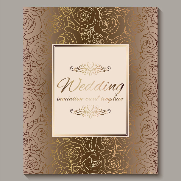 Luxury gold vintage wedding invitation, floral background with place for text, lacy foliage made of roses with golden shiny gradient. Victorian wallpaper ornaments, baroque style template for design - Διάνυσμα, εικόνα