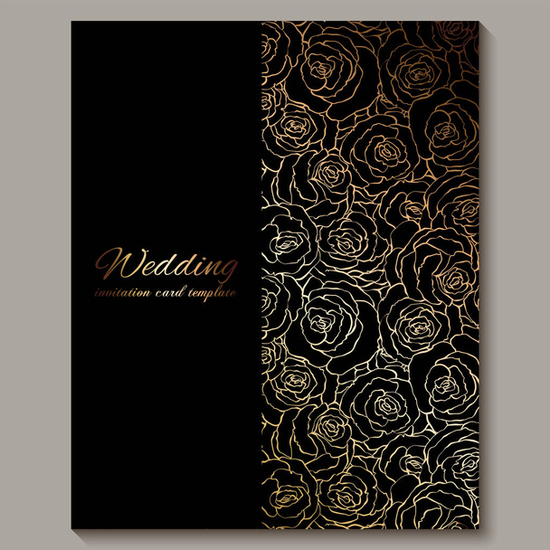 Svatební Pozvánka pro luxusní zlato, květinové pozadí s místem pro text, krajkového listí z růží se zlatým lesklým přechodem. Ornamenty z viktoriánského pozadí, šablona barokního stylu pro design - Vektor, obrázek