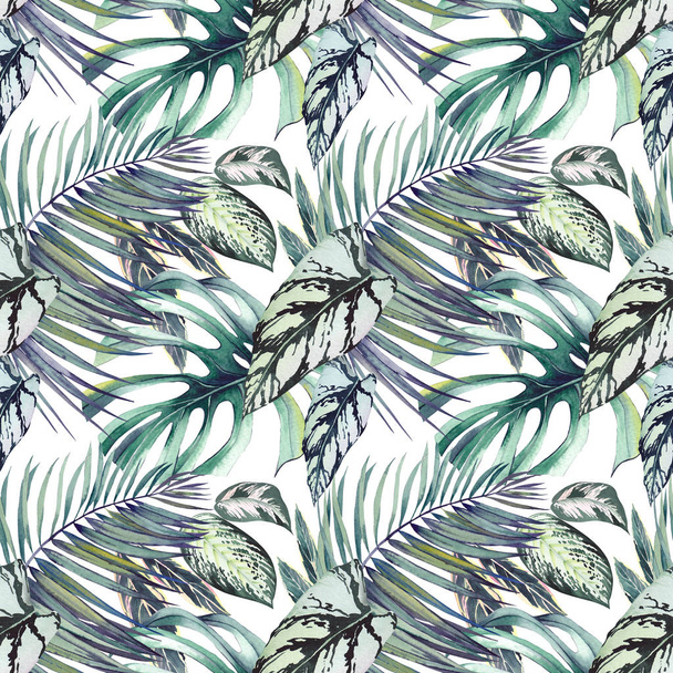Seamless pattern with exotic calathea, monstera and palm leaves. Watercolor on white background. - Fotó, kép