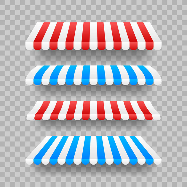 Set di tende colorate a righe per negozio, ristoranti e market store su sfondo trasparente. Illustrazione vettoriale
. - Vettoriali, immagini