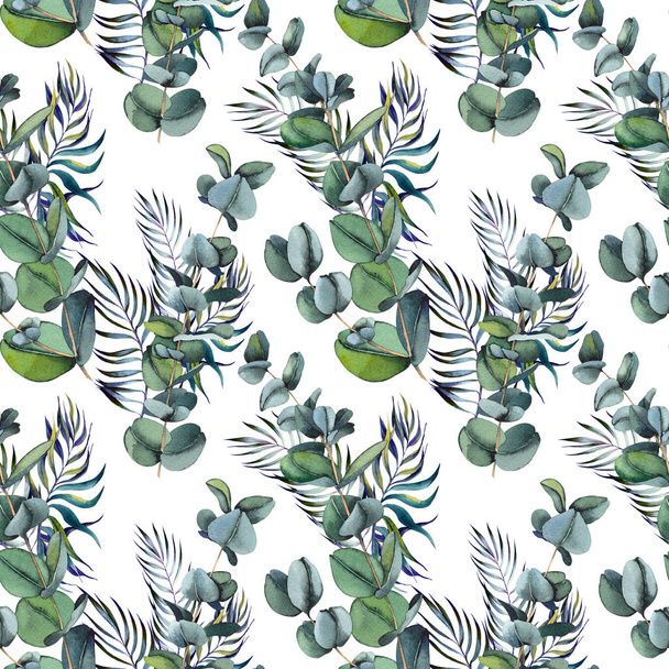 Seamless pattern with green eucalyptus and palm leaves. Watercolor on white background. - Valokuva, kuva