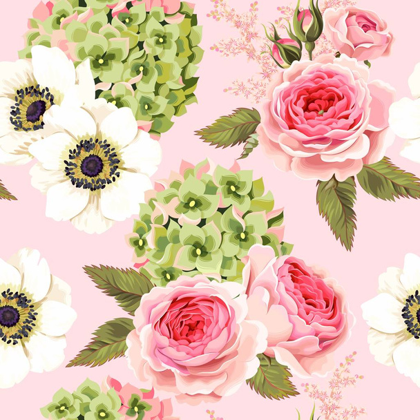 Vector seamless pattern with roses and hydrangea - Vector, Image