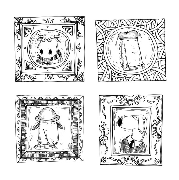 Set picture frames with animals portrait, hand drawn vector illu - Vector, afbeelding