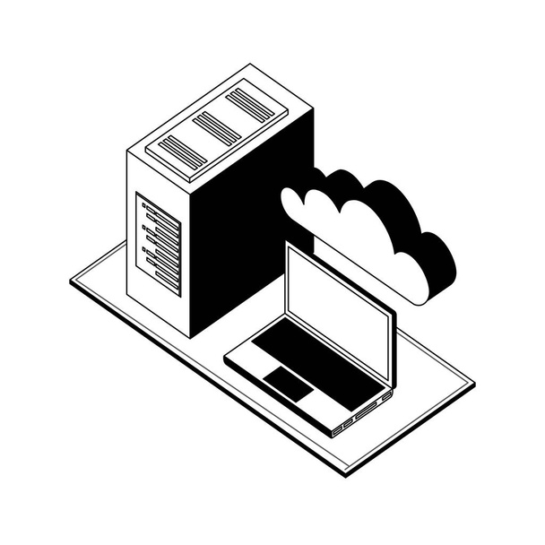 ноутбук с данными сервера и изометрическими облачными вычислениями
 - Вектор,изображение
